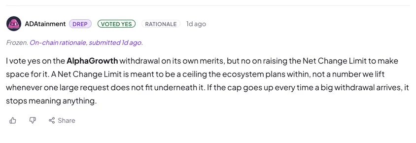 A frozen rationale post in a discussion thread: a DRep's cross-posted vote rationale with Voted Yes and Rationale badges and a frozen notice linking to the on-chain record