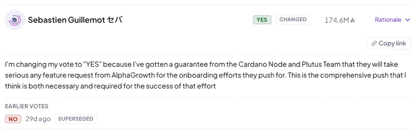 A vote row on the Votes tab, expanded to show the DRep's rationale, with a Changed badge, the superseded earlier vote, and a copy-link button