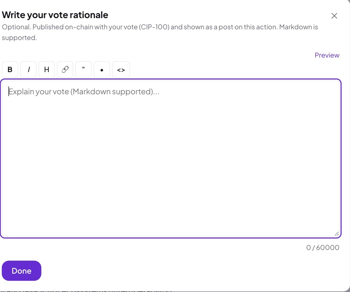 The vote rationale editor: a Markdown text area with formatting toolbar and preview, opened while casting a vote